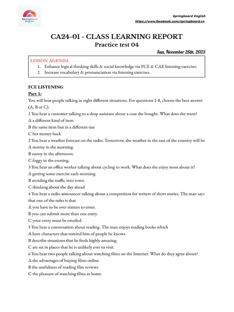 Ca24-01 - Class Learning Report -Practice Test 04 (2) | PDF | Teachers ...