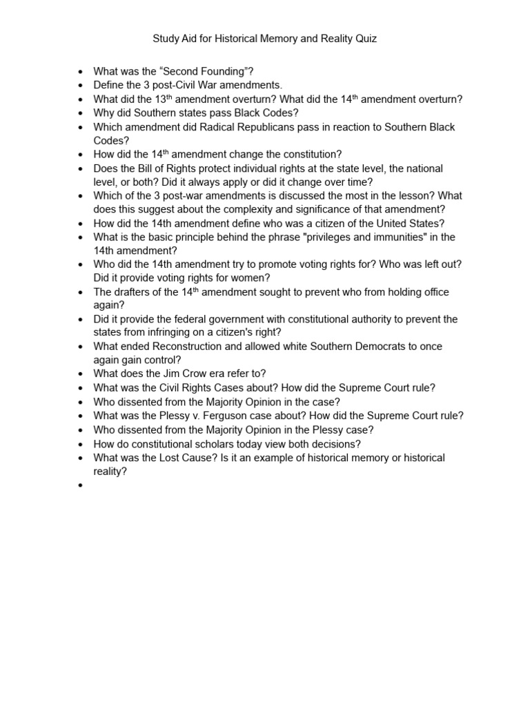 Study Aid for Historical Memory and Reality Quiz | PDF