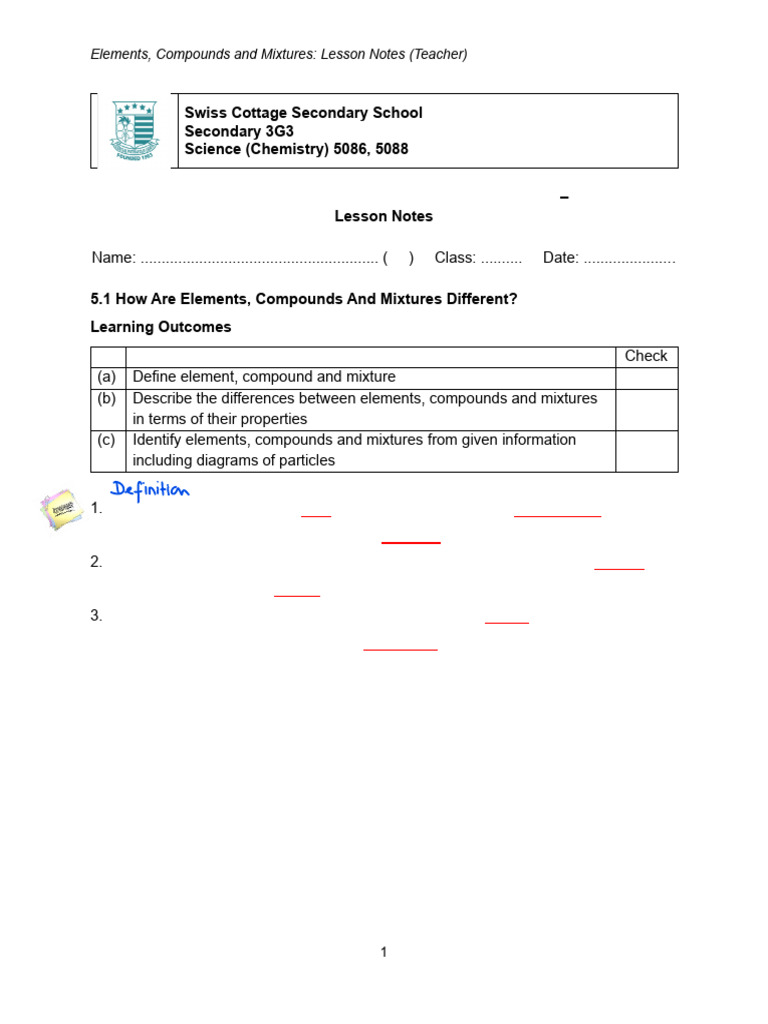 ECM Lesson Notes Teacher Notes | PDF | Chemical Substances | Mixture