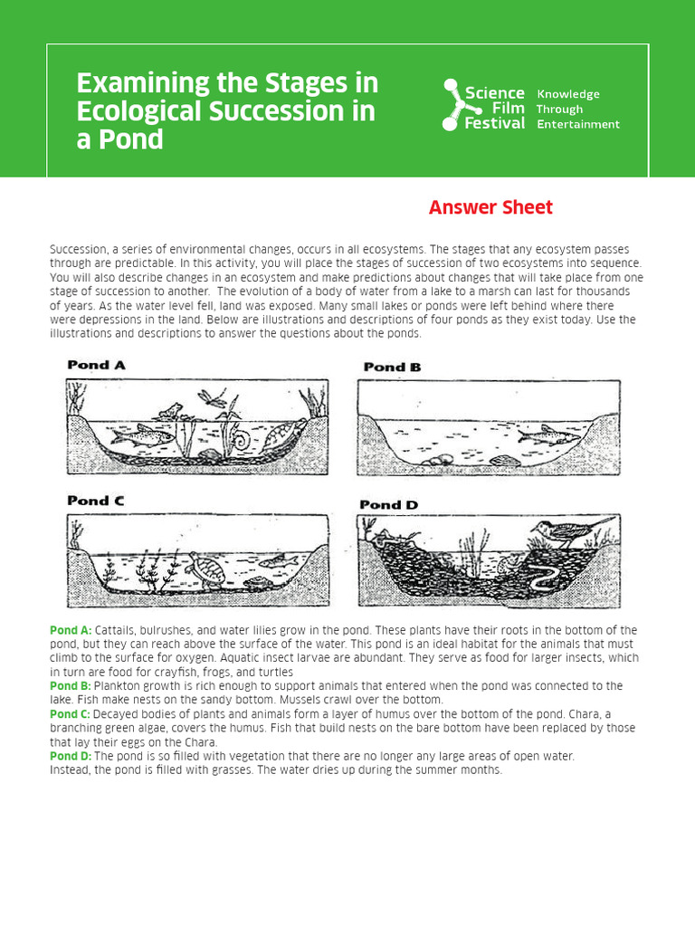 Examining the Stages in Ecological Succession in a Pond Answer Sheet v6 ...