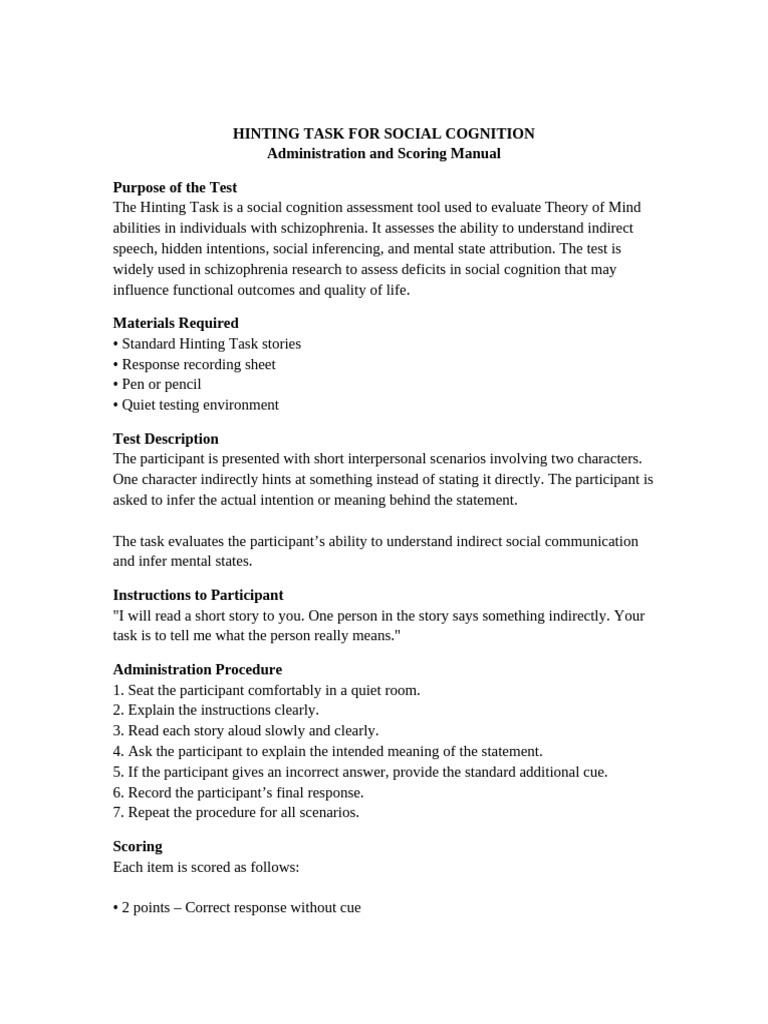 Hinting Task Administration Manual | PDF | Theory Of Mind | Cognition