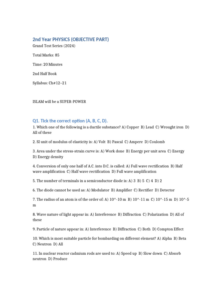2nd Year Physics Full Paper 2024 Cleaned | PDF | Light ...