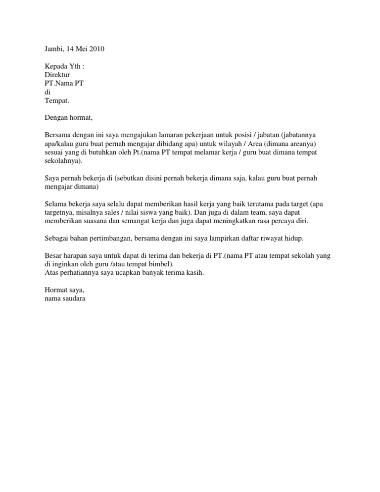 Contoh Surat Lamaran Guru Bimbel PDF