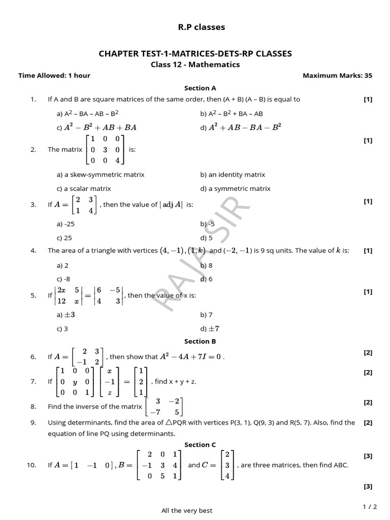 TEST-1 | PDF | Matrix (Mathematics) | Determinant