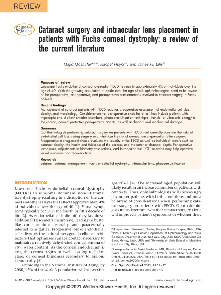 Cataract Surgery and Intraocular Lens Placement in Patients With Fuchs ...