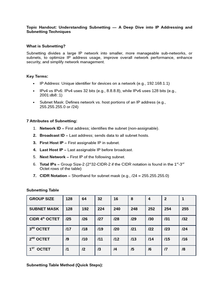 Subnetting-Handout 083723 (1) | PDF | Ip Address | Networks