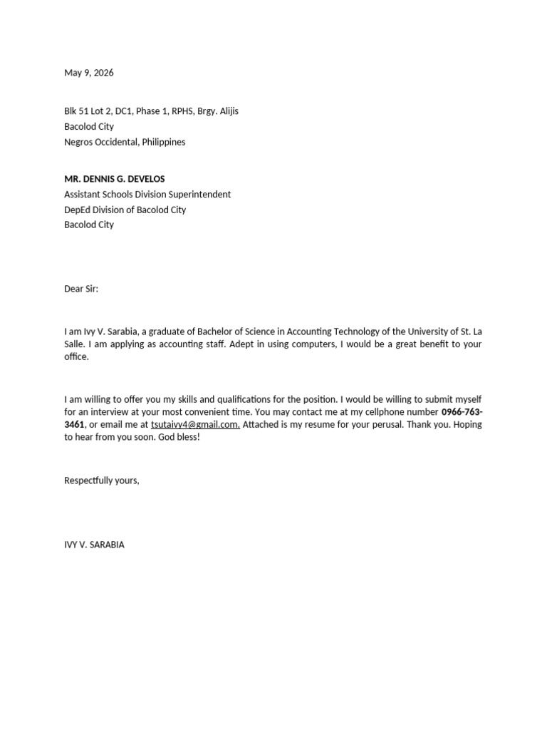 Cover Letter Deped Division of Bacolod | PDF