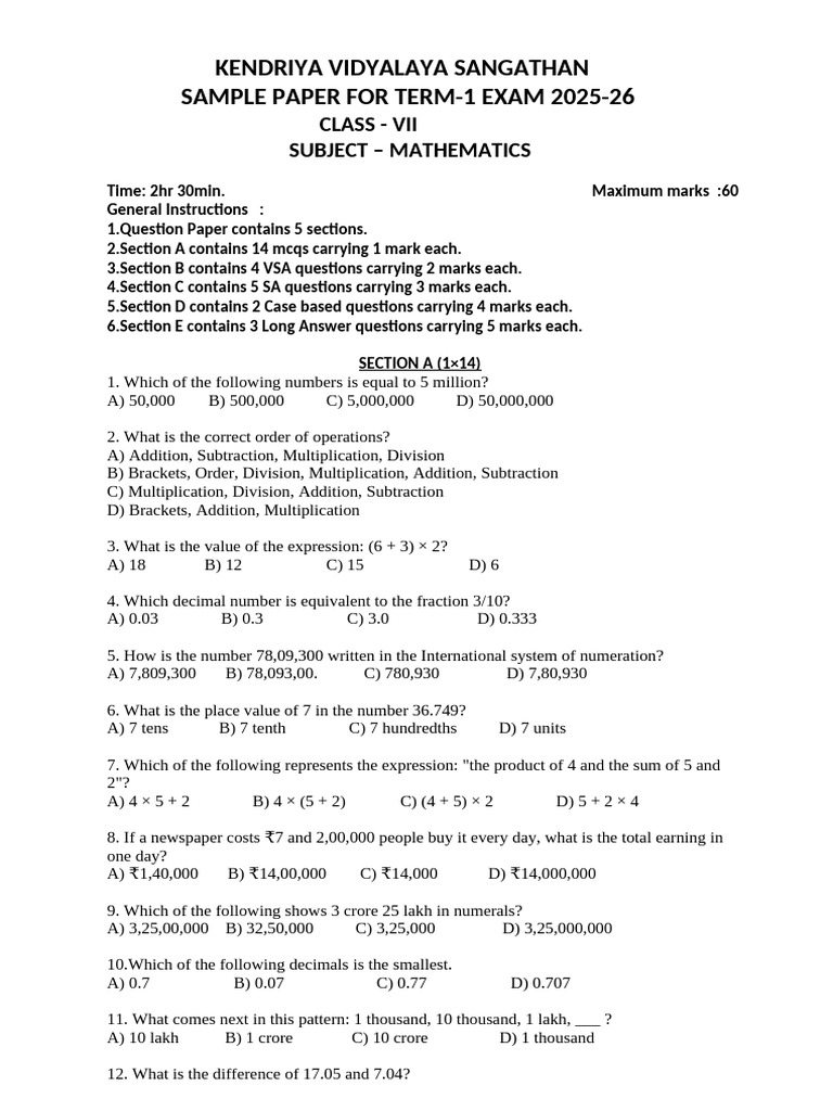 Sample Qp Vii Maths Term i 2025-26 | PDF | Multiplication | Numbers