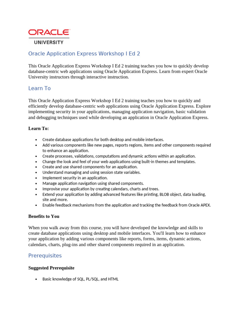 Oracle Application Express Workshop I | PDF | Databases | Computing