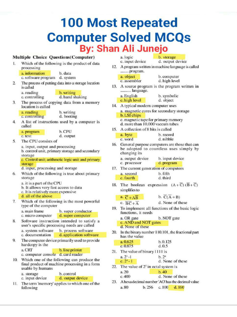 120 Computer Most Repeated Solved MCQs | PDF