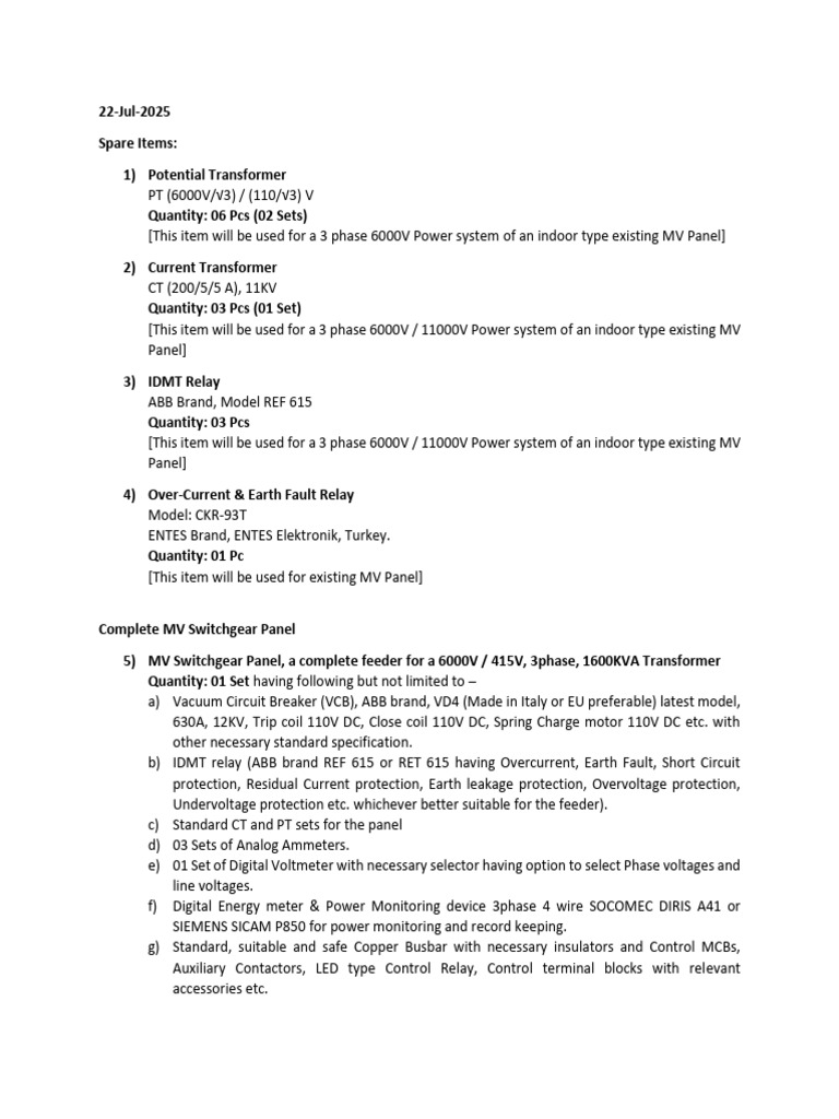 MV Switchgear Spares and Complete MV Switchgear Panel | PDF