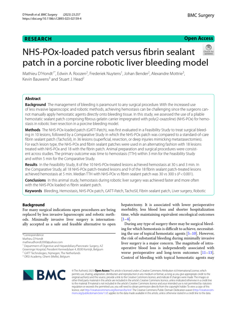 NHS-POx-loaded Patch Versus Fibrin Sealant Patch in A Porcine Robotic ...