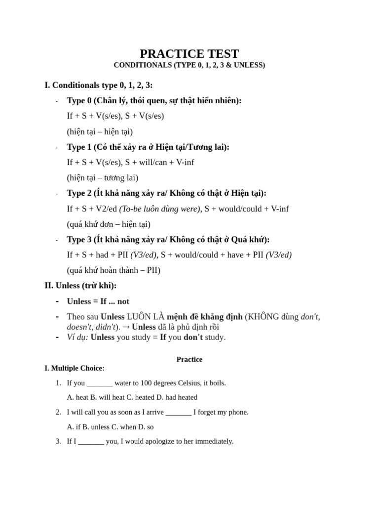 ĐỀ 3 Lớp 6 - Conditionals Type 0 1 2 3 Unless PRACTICE TEST | PDF