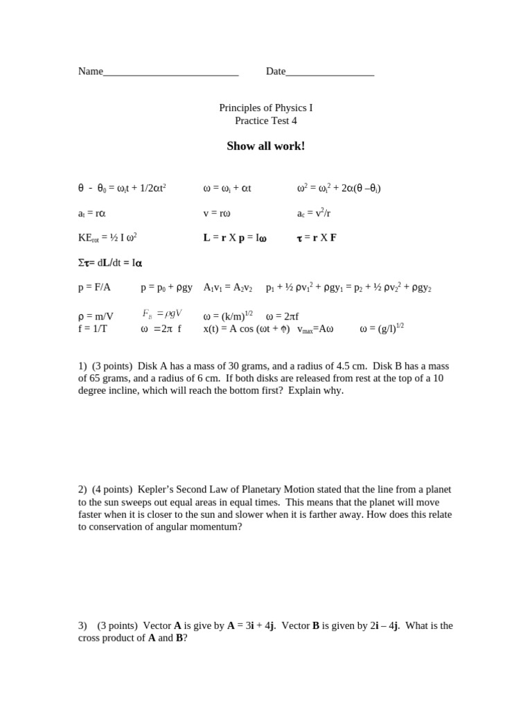 Principles I Practice Test 4--Summer2017 | PDF | Physics | Mechanics