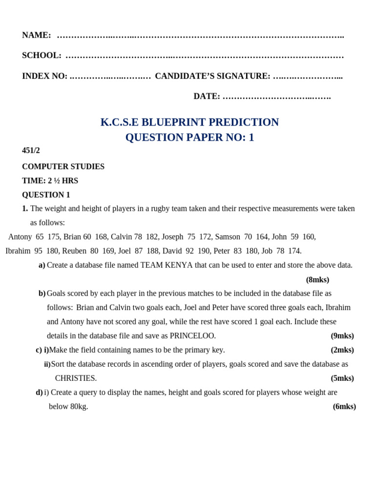 COMP PP2 10 QP KCSE PREDICTION | PDF | Table (Database) | Databases