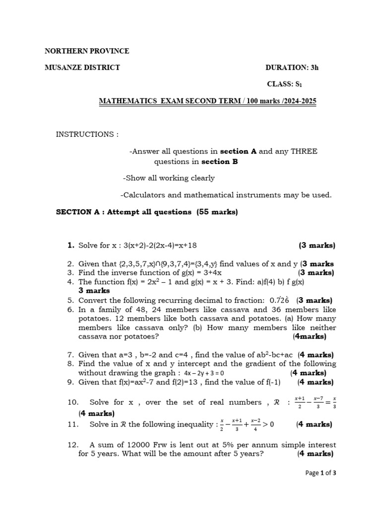 Maths s1 District Exam (Term II) Musanze 2024-2025 | PDF | Mathematics