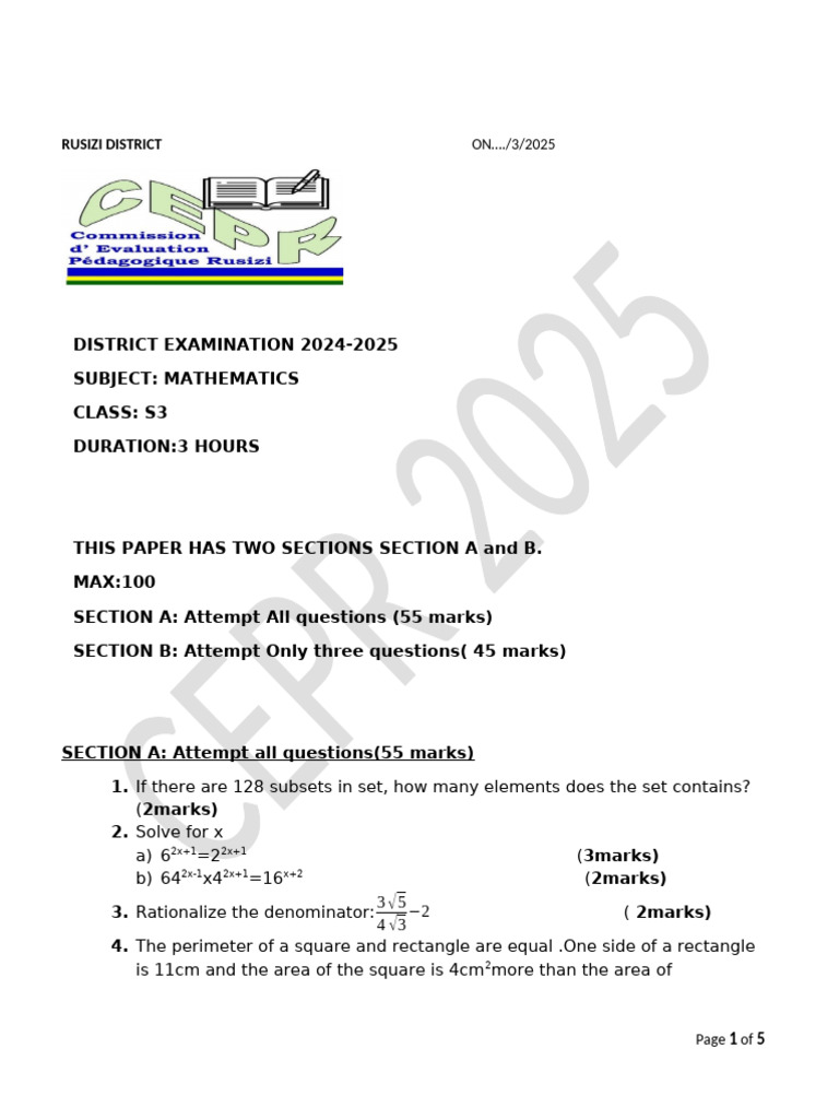 Exam s3maths s3 District Exam (Term II) Rusizi 2024-2025 | PDF ...