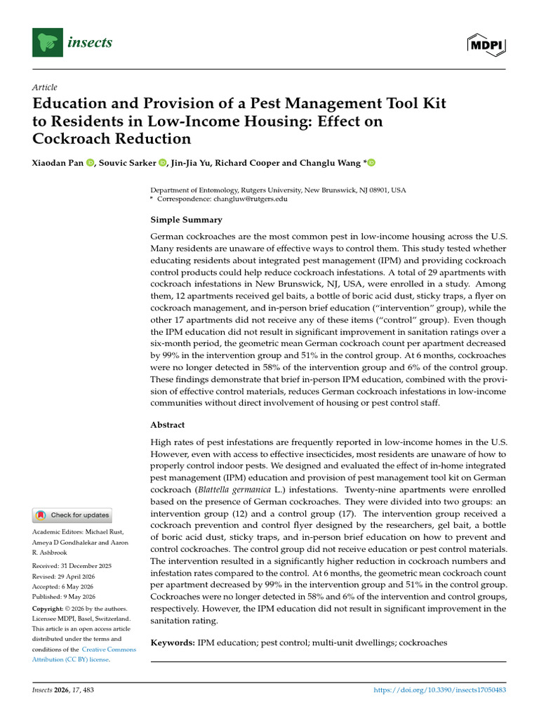 Education and Provision of a Pest Management Tool Kit to Residents in ...