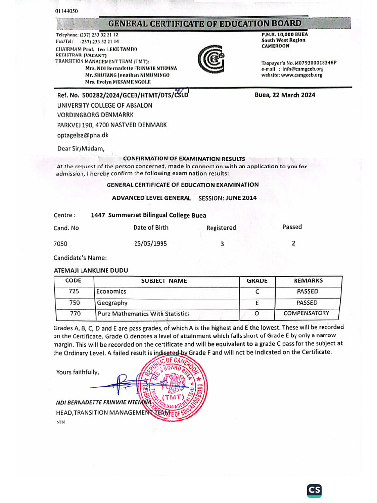 GCE Board Confirmation of Results. | PDF