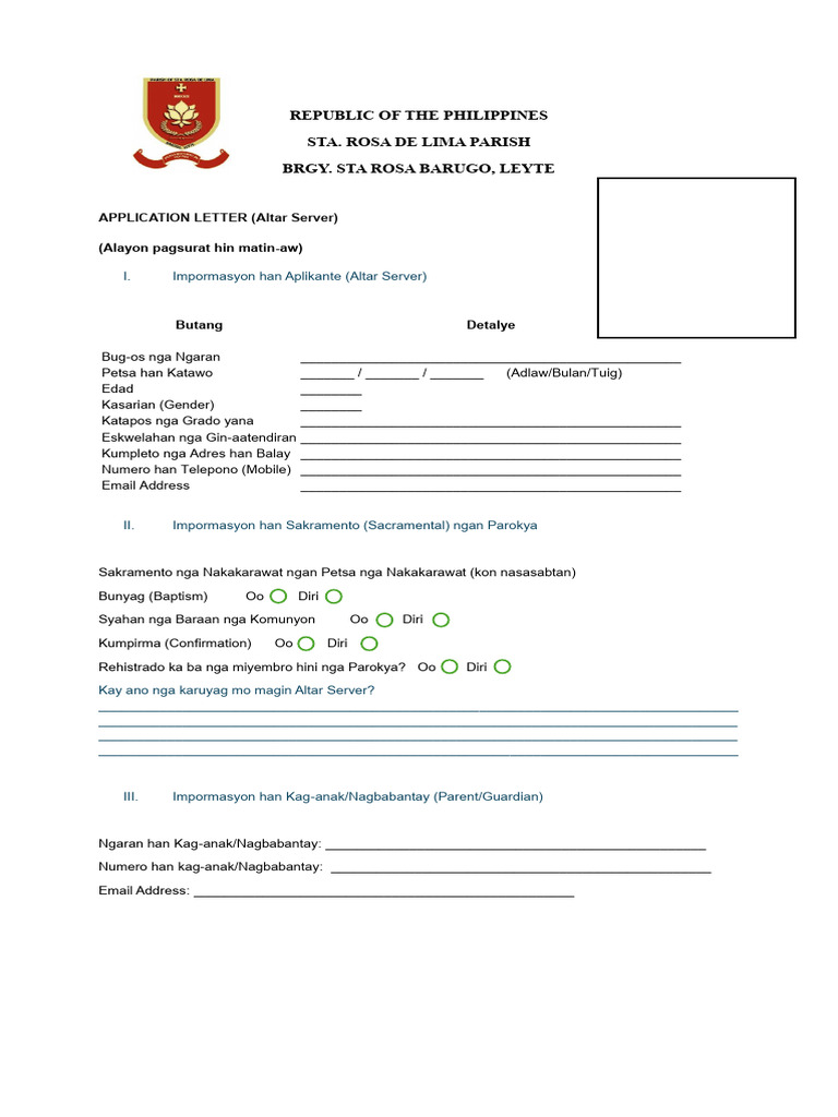 Altar Server Application Form Original | PDF