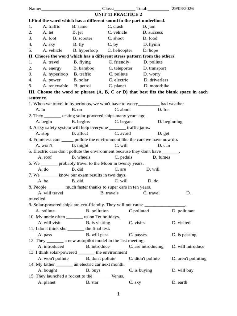L7 U11 Practice test 3 | PDF | Solar Power | Transport