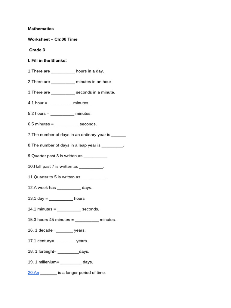 Mathematics Worksheet Grade -3 Ch- 08 Time | PDF