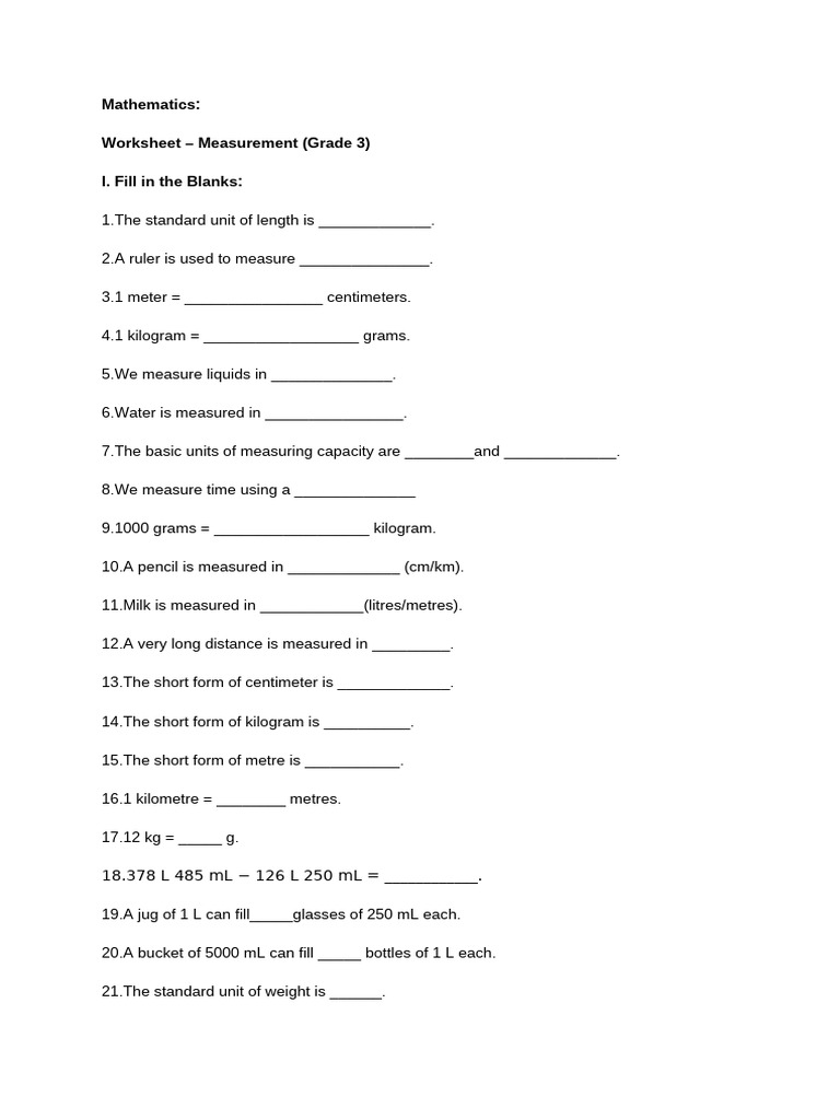 Mathematics Grade 3 Worksheet Ch 07 Measurement | PDF | Litre | Units ...