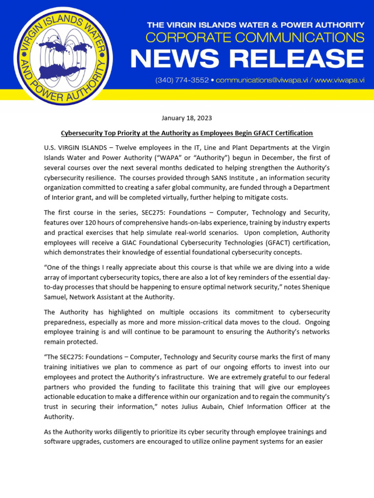 Press Release Cybersecurity Top Priority at the Authority as Employees ...
