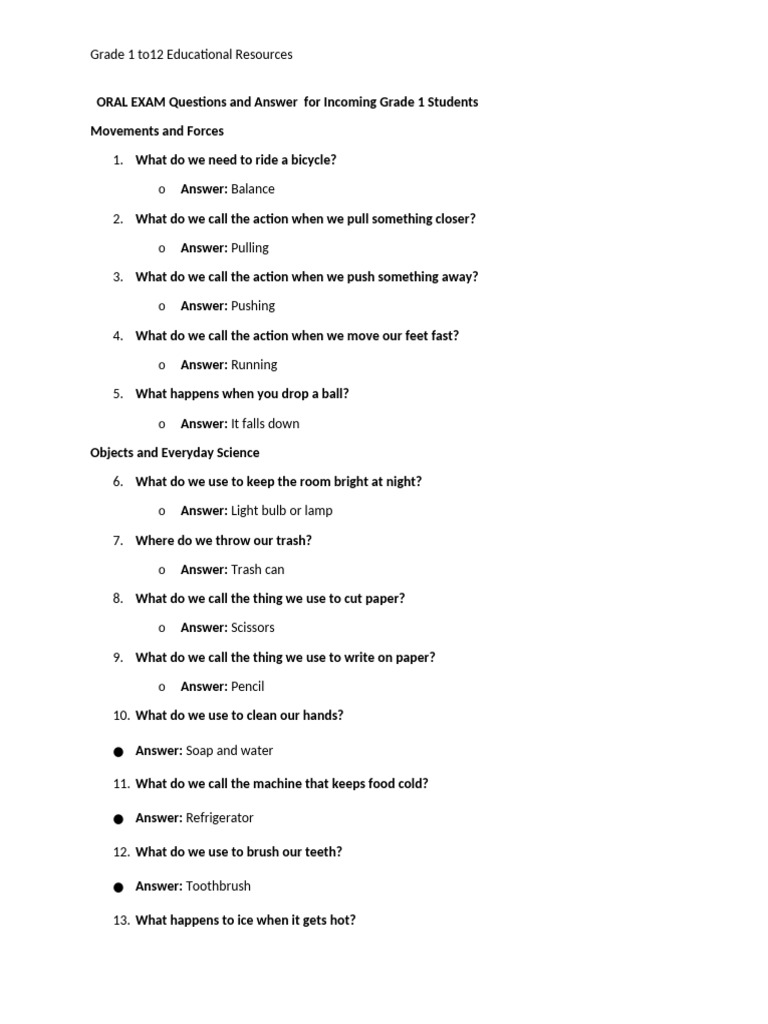 Oral Questions and Answer for Incoming Grade 1 Students (1) | PDF | Zoology