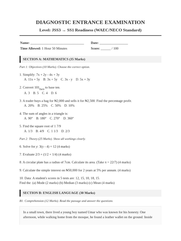 Ss1 Admission Diagnostic Test | PDF | Linguistic Morphology | Syntax