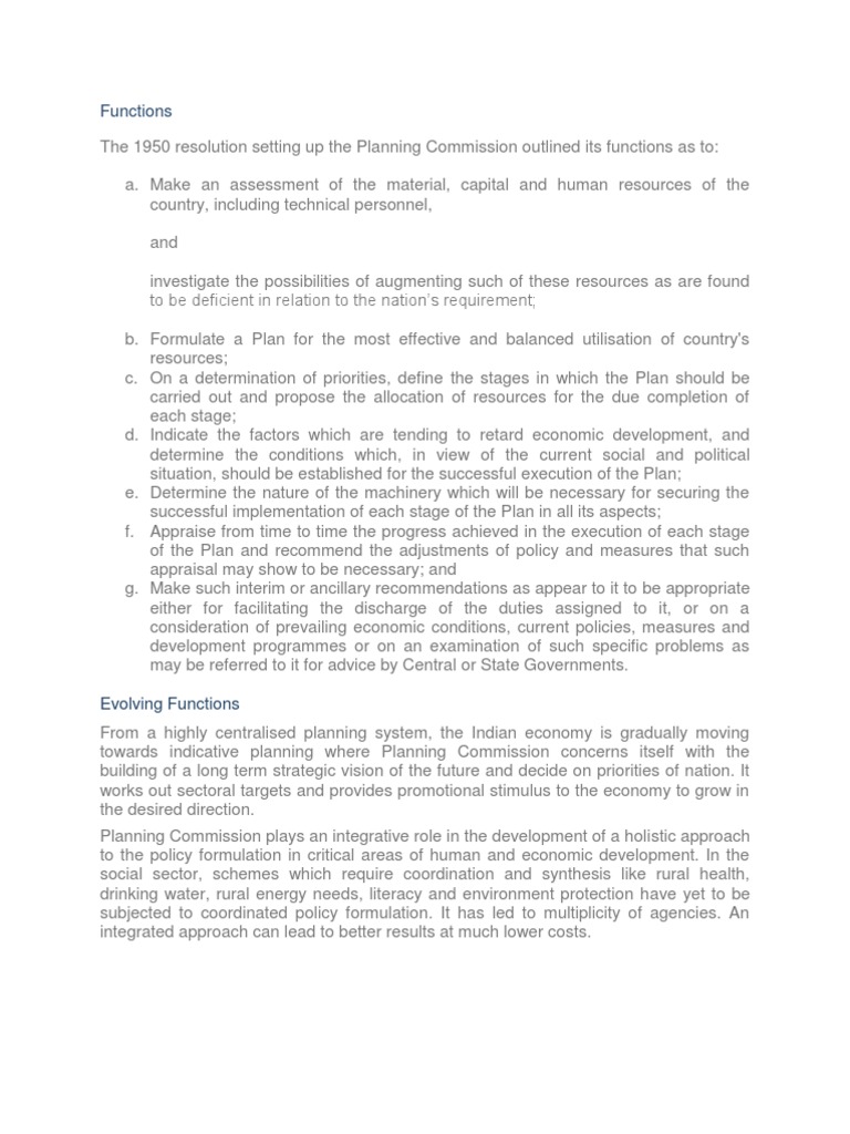 Functions of Planning Commission | PDF | Policy | Economic Development