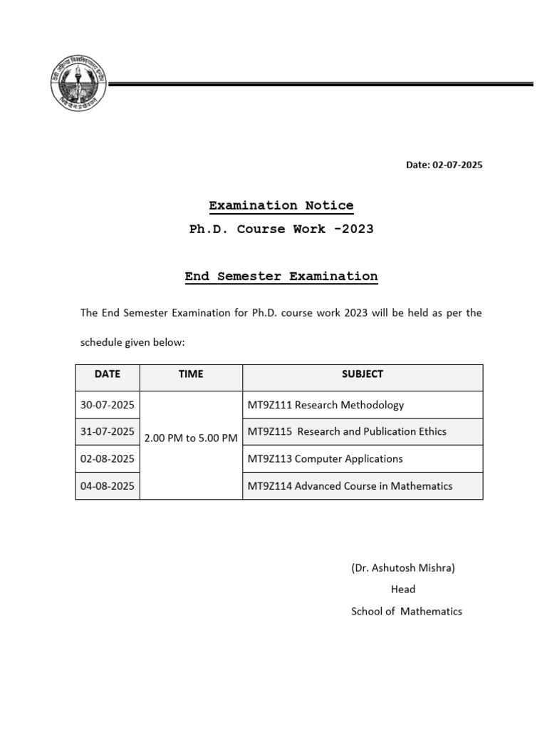 Ph.D. Course Work -2023 End Semester Examination | PDF