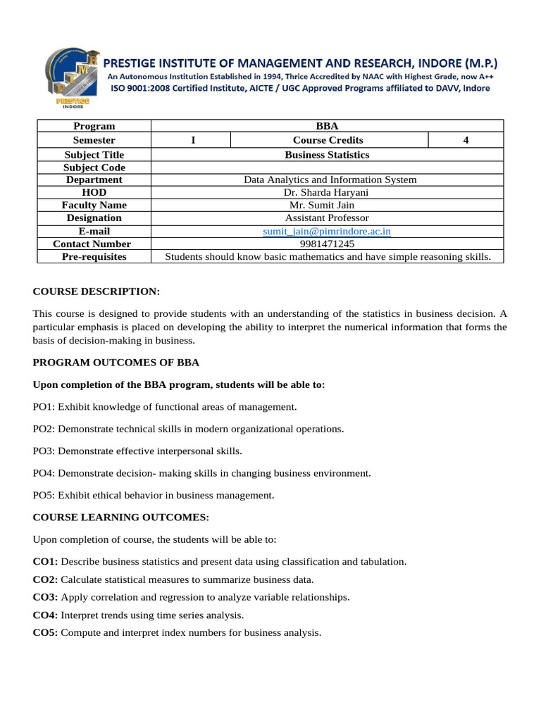 BBA-I-Business Statistics-2025-26 | PDF | Statistics | Time Series