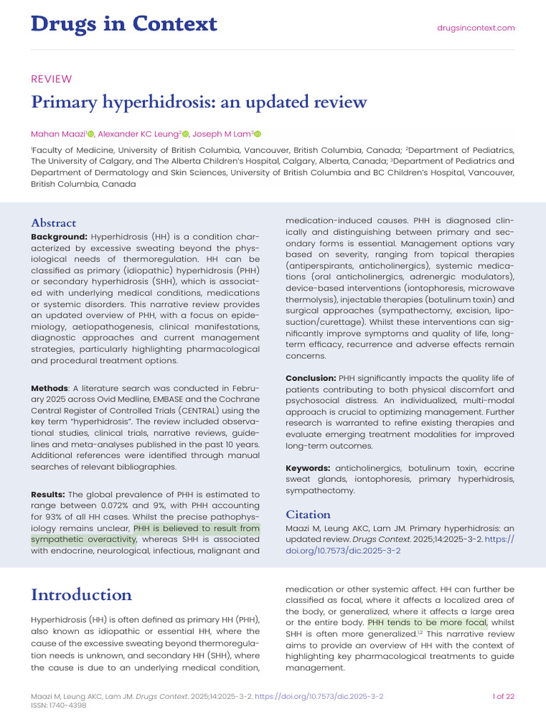 Primary Hyperhidrosis-An Updated Review | PDF | Perspiration | Topical ...