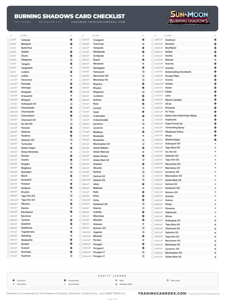 Pokemon Burning Shadows Card Checklist | PDF | Japanese Games ...