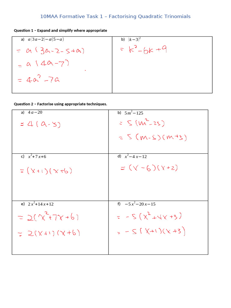 Formative Task 1 - Factorising Quadratics - Solutions | PDF