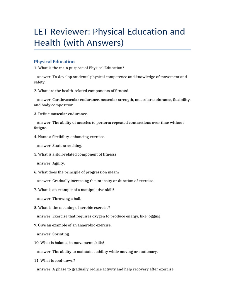 LET PE Health Reviewer 50Q With Answers | PDF | Aerobic Exercise ...