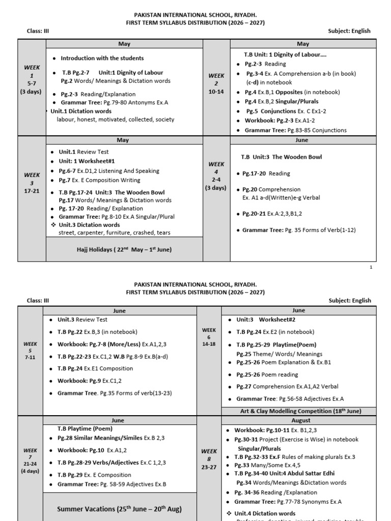 Grade 3 First Semester Syllabus 2026-27 | PDF | Linguistic Morphology ...