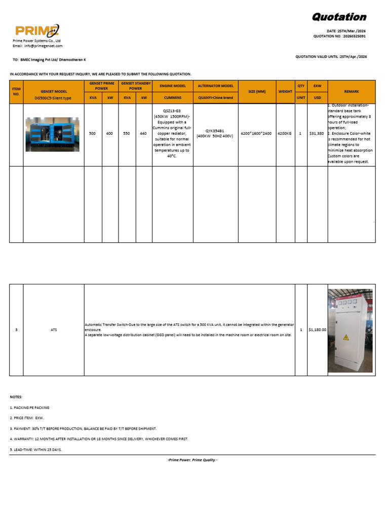 500kva Cummins Diesel Generator Quotation-2026.3.25 | PDF | Power ...