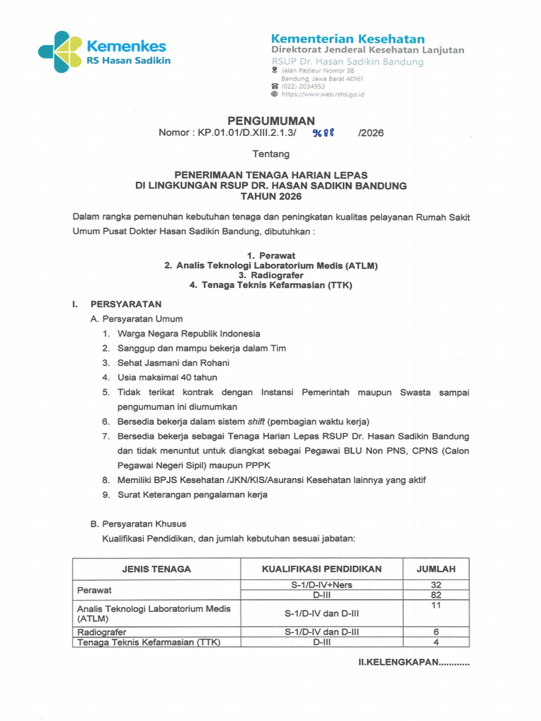 Pengumuman Penerimaan Thl Rshs Th. 2026-1 | PDF