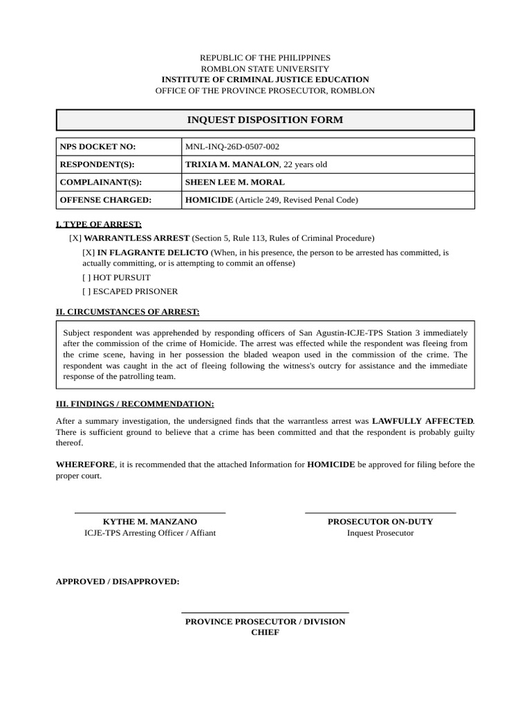 Inquest Disposition Form Homicide | PDF