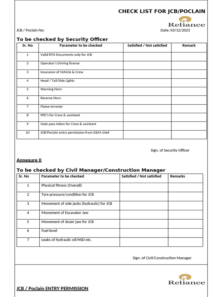Check List for Jcbpoclain | PDF