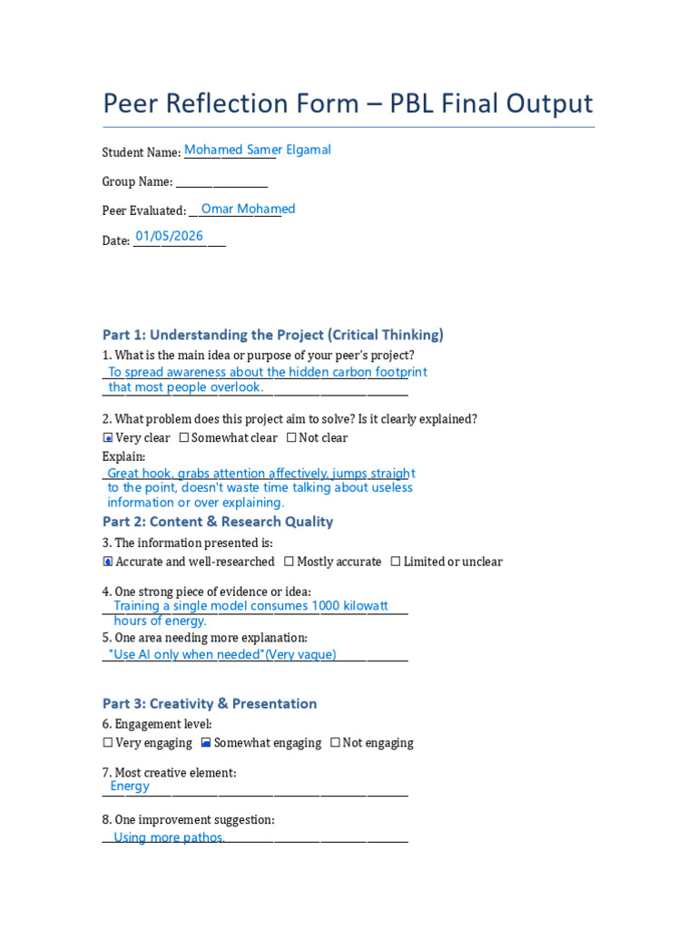 PBL Peer Reflection Form | PDF | Cognition