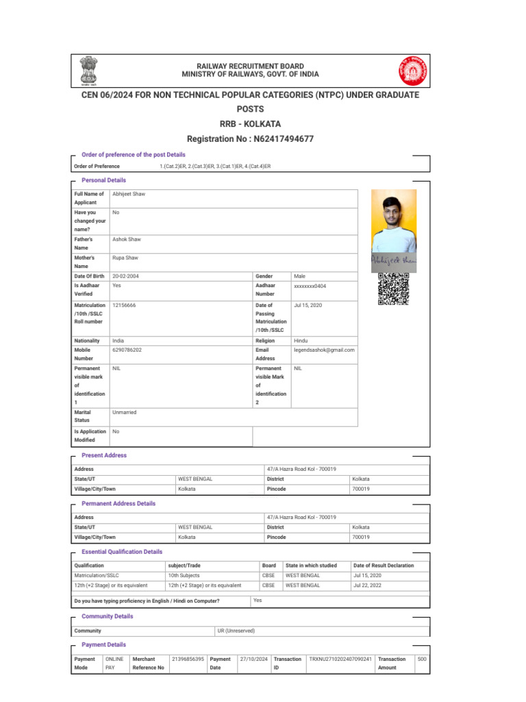 Rrb Ntpc Application Form | PDF