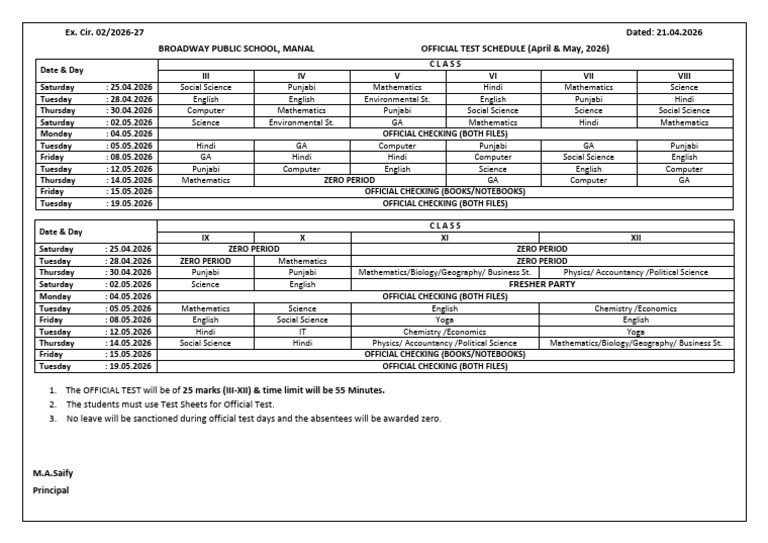 Revised Official Test Schedule April & May, 2026 | PDF | Science
