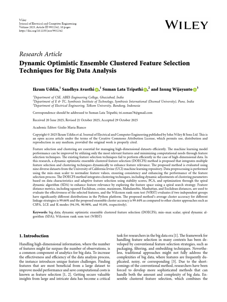 Dynamic Optimistic Ensemble Clustered Feature Selection Techniques for ...