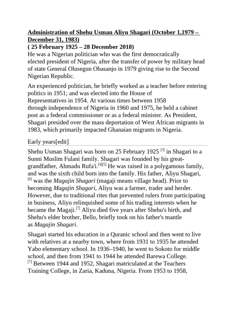 Administration of Shehu Usman Aliyu Shagari | PDF | Nigeria