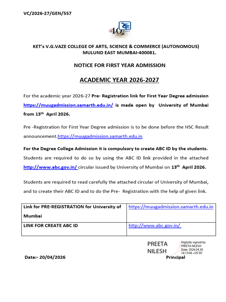First Year Pre Registration Form Notice 2026-2027 | PDF