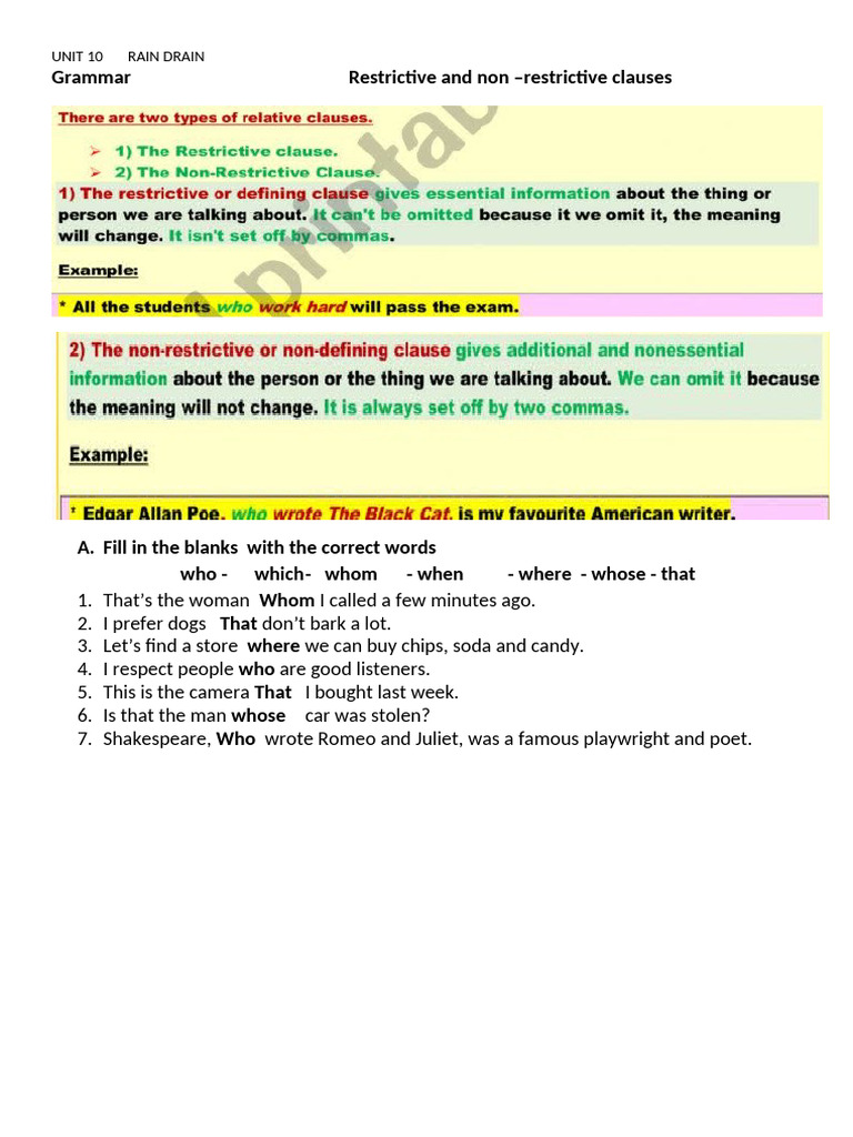 2Bac U10 Grammar Restrictive and Non Restrictive Clauses | PDF