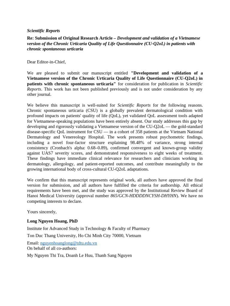 Cover Letter CUQ2oL ScientificReports | PDF